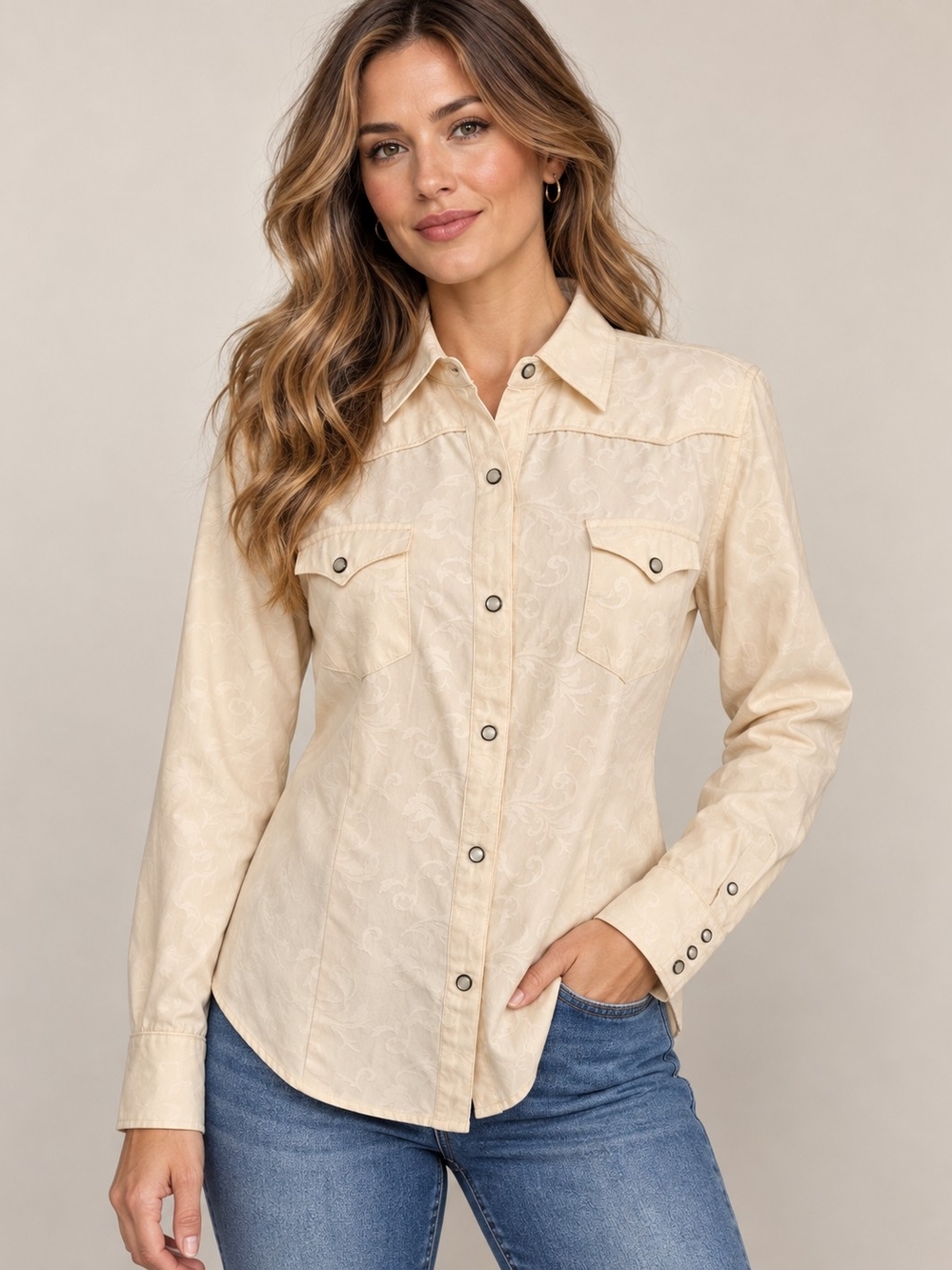 Stetson Size S Ivory Silk Cotton Jacquard Western Pearl Snap Shirt